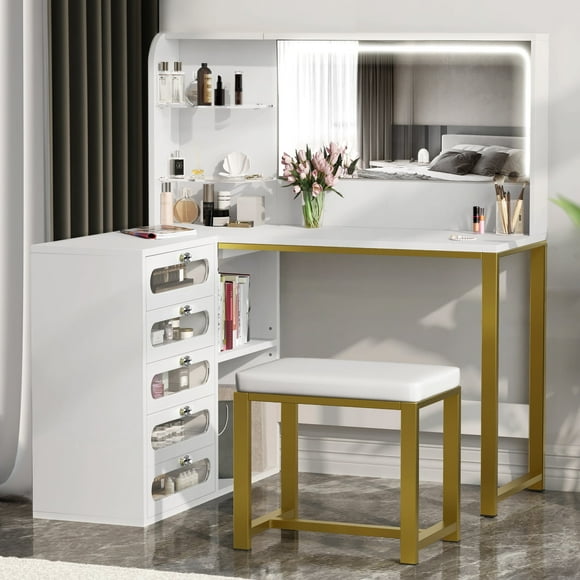 47" Makeup Vanity Desk with Stool and LED lighted Mirror, L Shaped Makeup Vanity Table with 5 Visualized Drawers & 4 Tier Open Shelves , Dressing Vanity Table for Bedroom, White