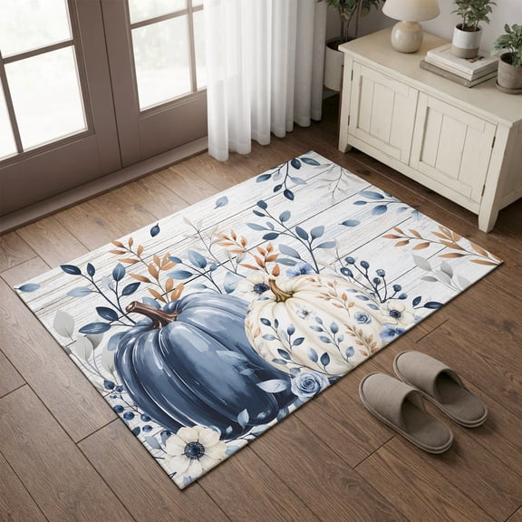 Entryway Rug 2'x3', Blue White Pumpkin Fall Kitchen Runner Rugs Non-Slip Carpet Mats, Thanksgiving Eucalyptus Gray Wooden Bedside Rugs Runners Washable Floor Carpet for Bathroom Laundry Room