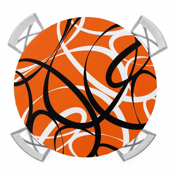 Elastic Fitted Round Tablecloth, Orange Geometric Waterproof Stretch Table Cover for 45"-54" Tables, Black White Striped Abstract Lines Art Washable Outdoor Tablecloths for Patio, Picnic, Camping