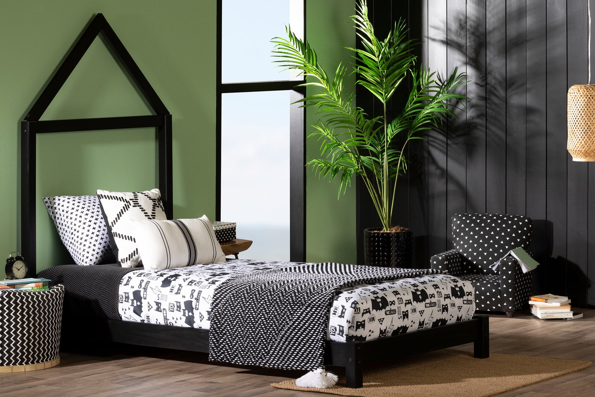 South Shore Sweedi Bed with House Frame Headboard, Matte Black