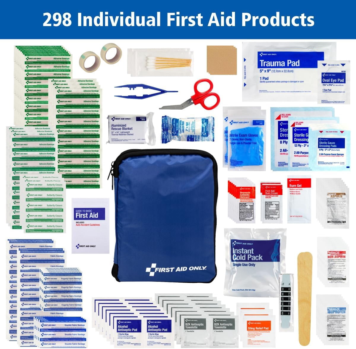 298 Piece All-Purpose Emergency First Aid Kit for Home, Office, Car, Apartment, Dorm, and Camping, Travel-Friendly Compact Pouch Fits in Backpacks, Suitcases, Cabinets, Drawers
