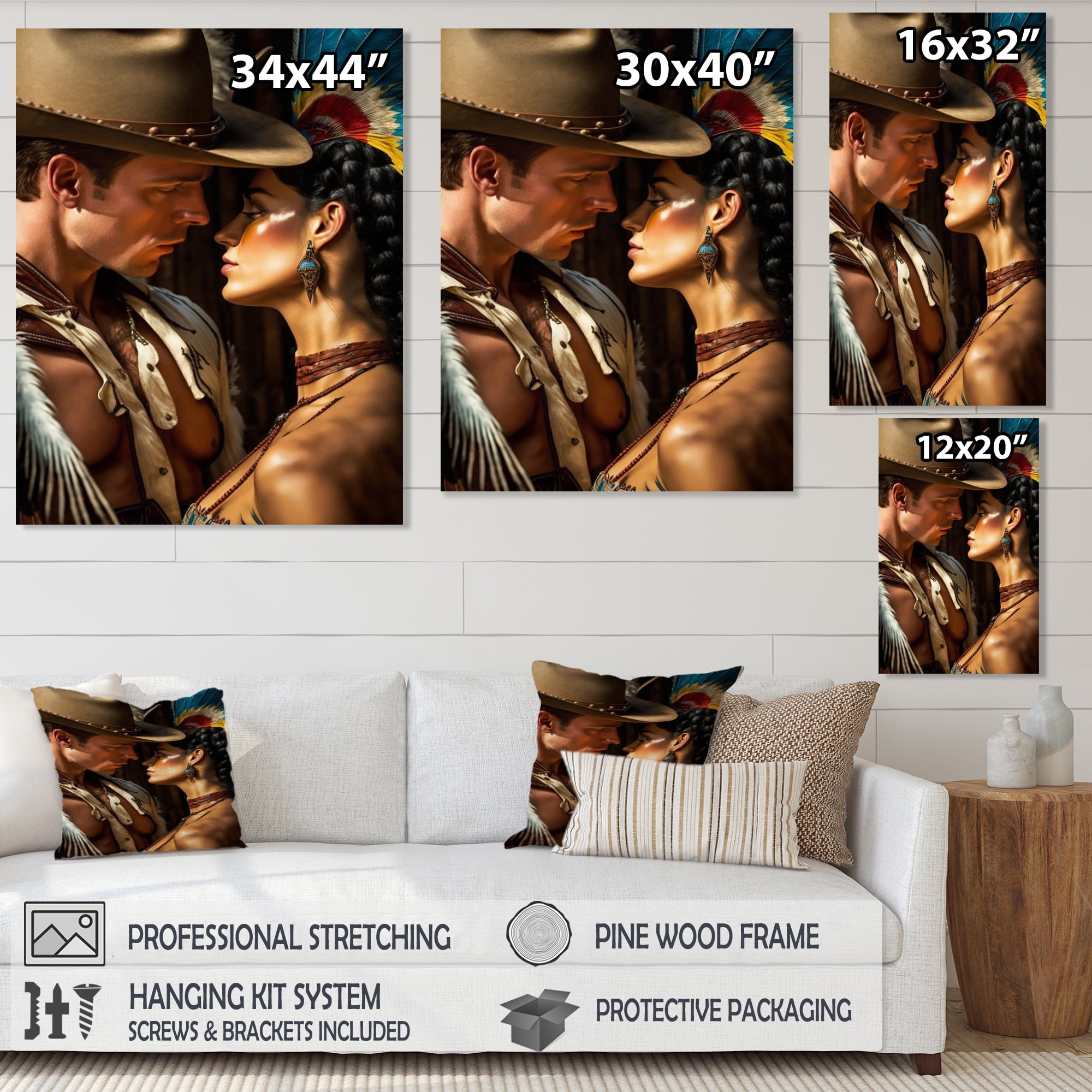 Designart Cowboy And An Indian Woman In Love III Canvas Wall Art