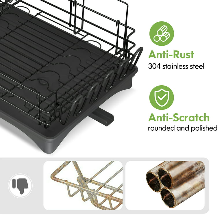 Dish Drying Rack, Majalis Stainless Steel Rustproof Dish Rack, with  Drainboard and Wine Glass Rack, Dish Drainers for Kitchen Counter(2 Tier,  Black) 