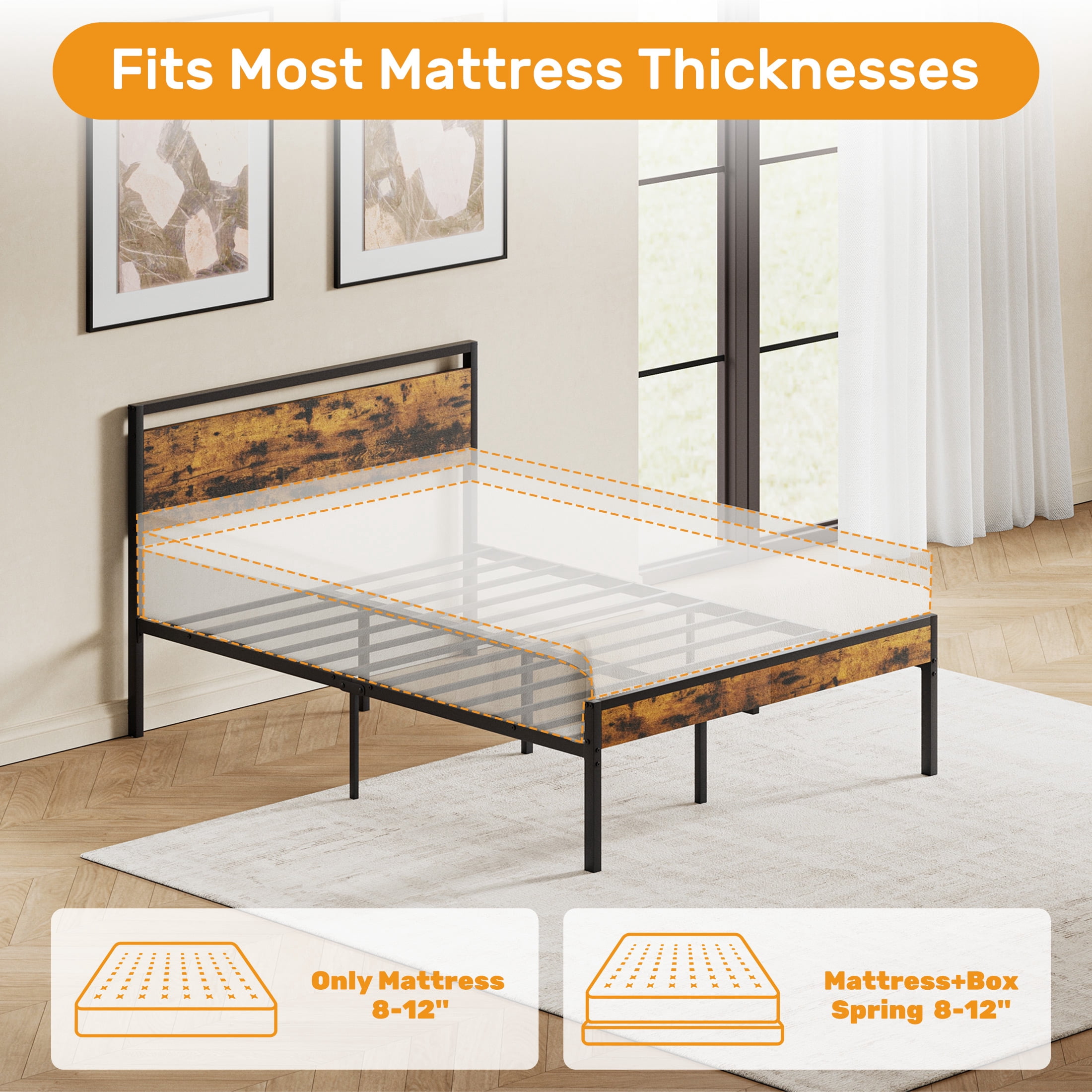 Gianna Heavy Duty Full Size Metal Platform Bed, No Box Spring Required with Headboard and Footboard, Mattress Foundation, Rust