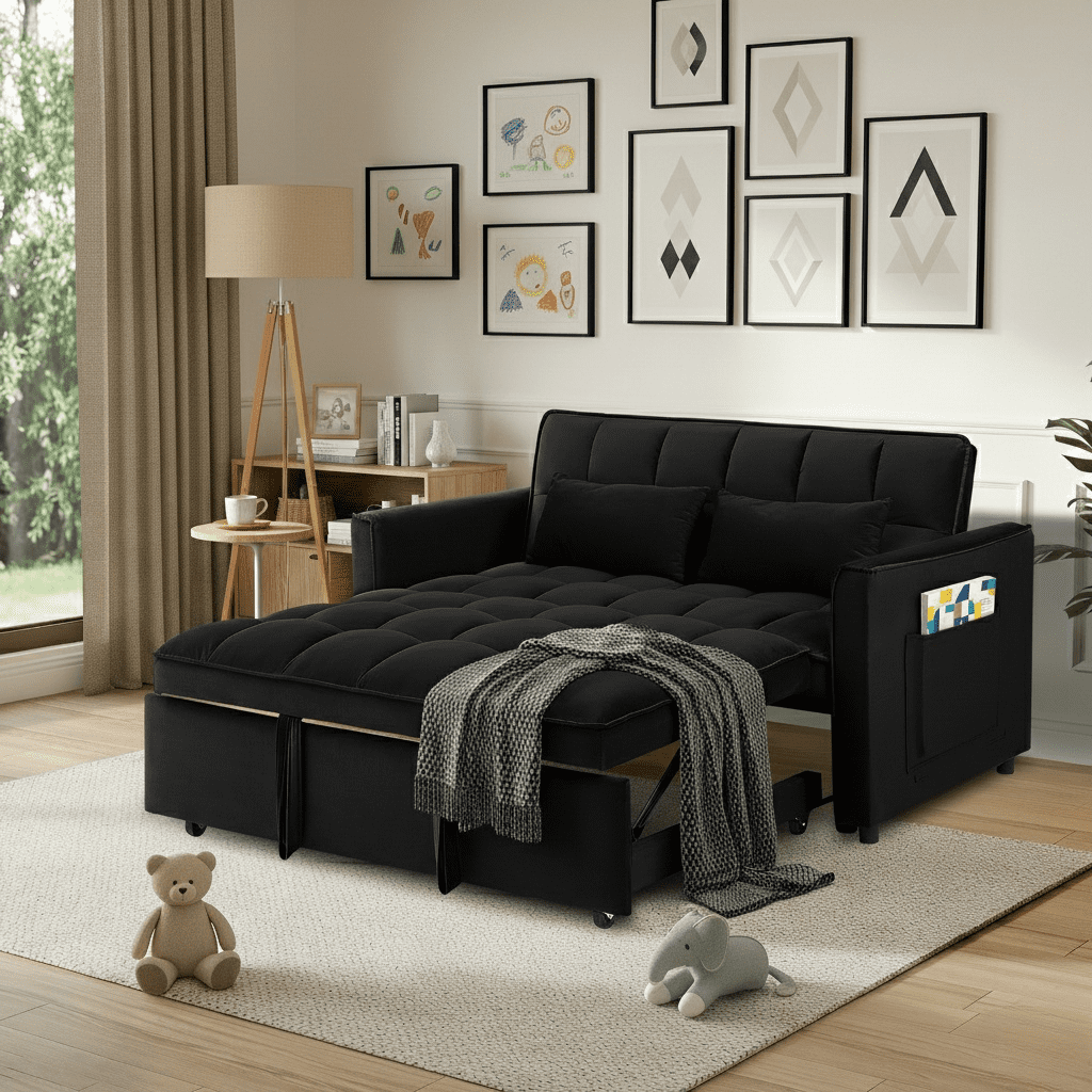 Howcool 55" 3-in-1 Convertible Sleeper Sofa Bed, Pull Out Loveseat, Velvet Adjustable Backrest Couch with Storage Pocket, Small Space Apartment Sofa for Living Room Bedroom,Black