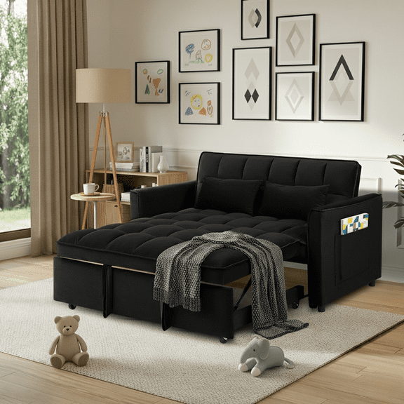 Howcool 55" 3-in-1 Convertible Sleeper Sofa Bed, Pull Out Loveseat Couch with Storage Pocket, Velvet Upholstery, Space-Saving Design for Living Room & Apartment, Black