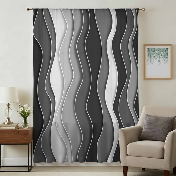 Black Stripes Sheer Curtains 108 Inches Extra Long, Modern Simple Greyish Gradient Lines Light Filering Curtains, Privacy Drapes Simi Floor to Veiling Curtain for Living Room Bedroom Window Treatment