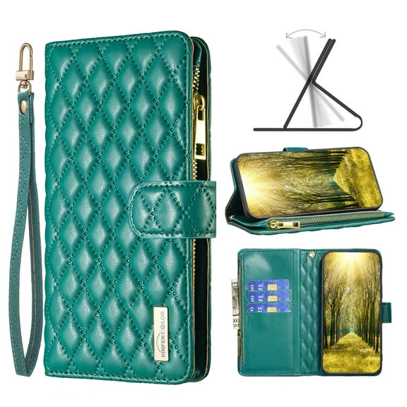 Zipper Wallet Case for Samsung Galaxy S22 Plus(6.6 inch) 2022, Allytech PU Leather Magnetic Flip Card Holder Phone Case with Wristlet Strap for Galaxy S22 Plus/ S22+ 5G, Green