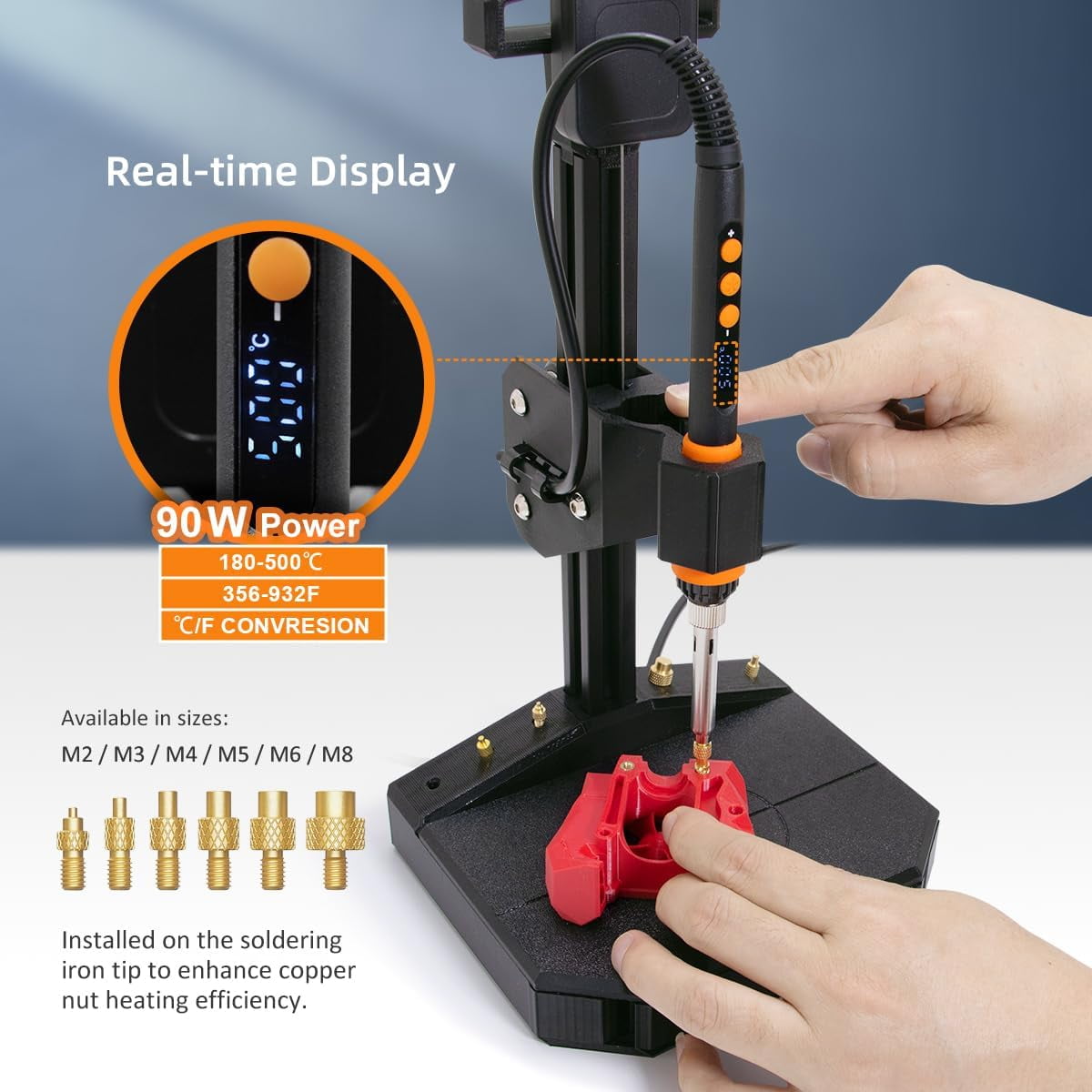 Vertical Heat Set Insert Tool Pressing Machine with 90W Soldering Iron, Heat Set Tips M2-M8, 30PCS Brass Nuts Threaded Inserts for 3D Printed Part