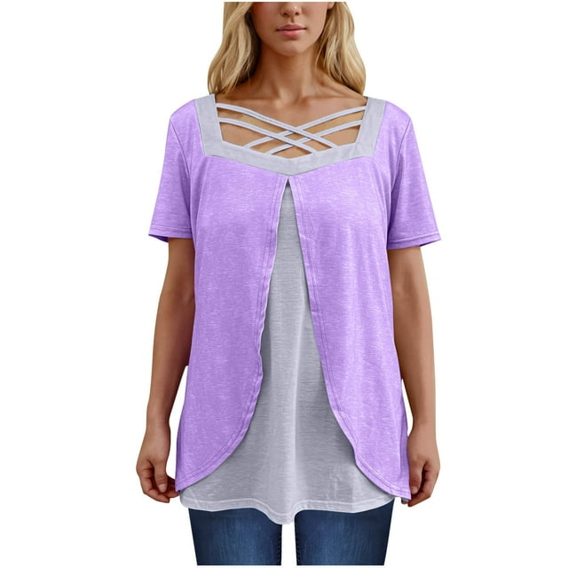 Timegard Hauts d'Été pour Femmes Grande Taille Col Carré Croisé Manches Courtes Décontracté Confortable Blouse