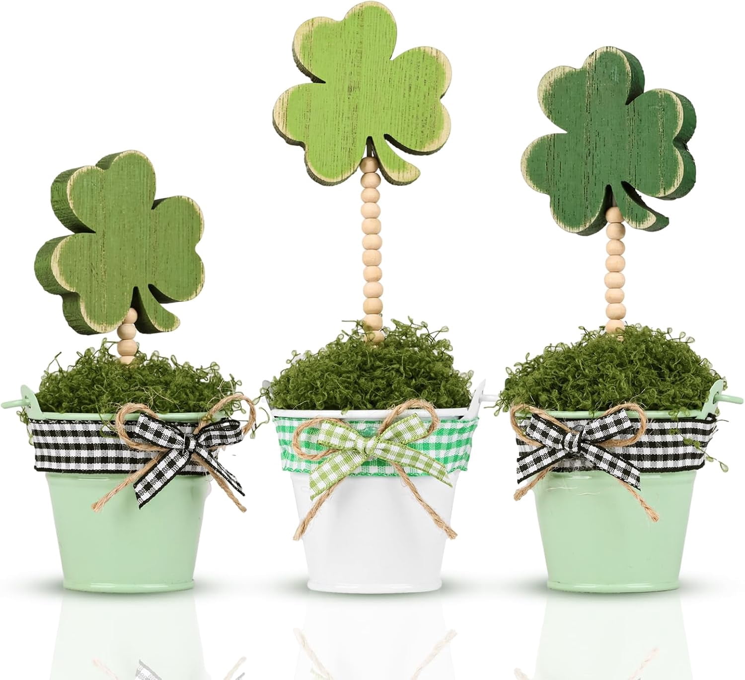 3pcs Lucky Shamrock Artificial Potted Plants, Wooden Sign on Stand, Fake Moss Freestanding Wood Table Decorations, St. Patrick's Day Decor for Gift, Desk, Party, Home