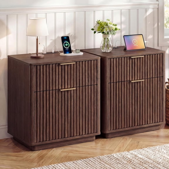 Fluted Nightstand Set of 2 with Charging Station, 23'' Mid Century Nightstand with 2 Drawers, Modern End Table for Bedroom Living Room, Curved Profile, Walnut