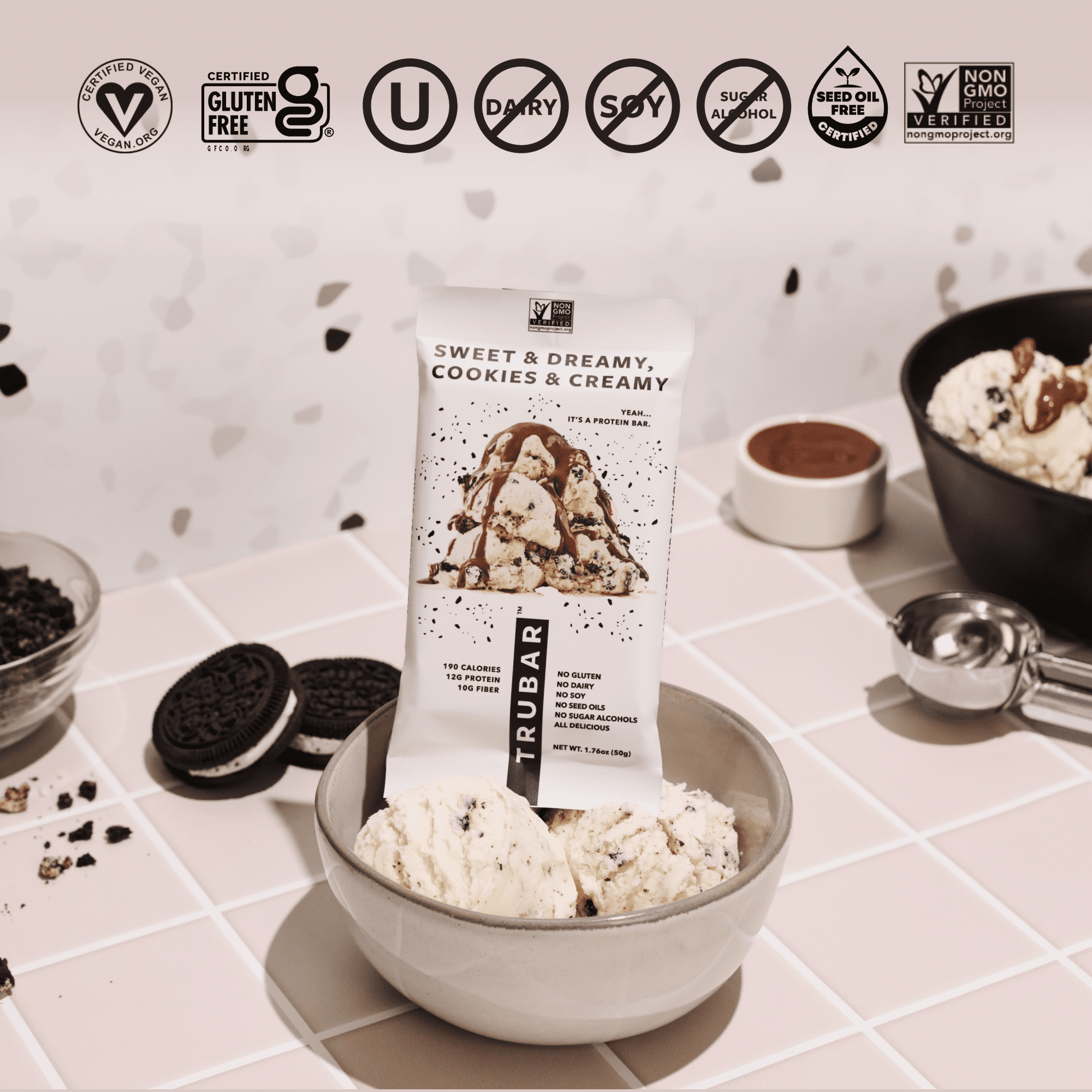TRUBAR Protein Bar, Cookies & Cream, Plant Based Protein, Vegan, Gluten Free, Kosher, 12 Count (Box)