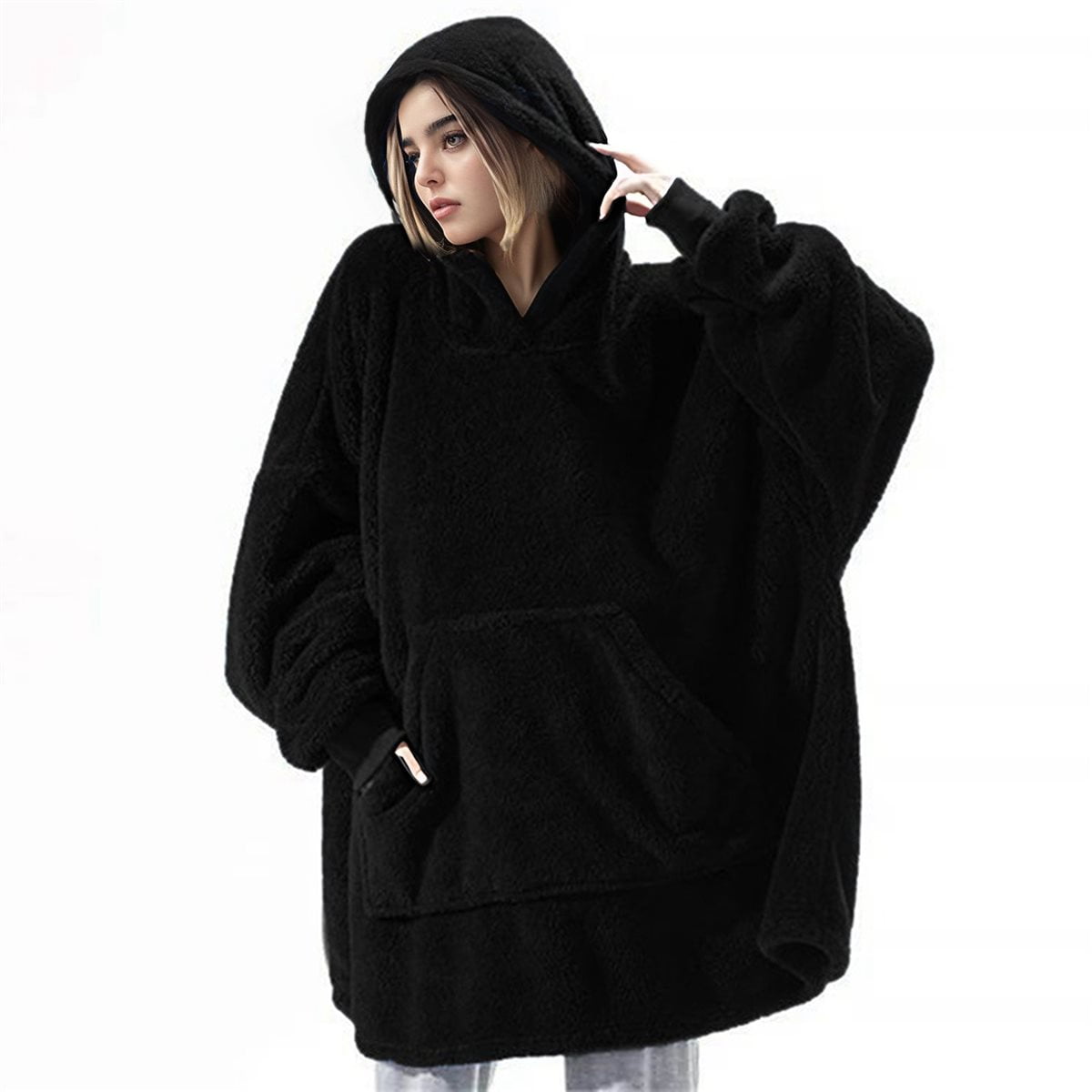 Oversized Blanket Hoodie Sweatshirt, Wearable Lounging Pullover for Adults Women Men Black One size