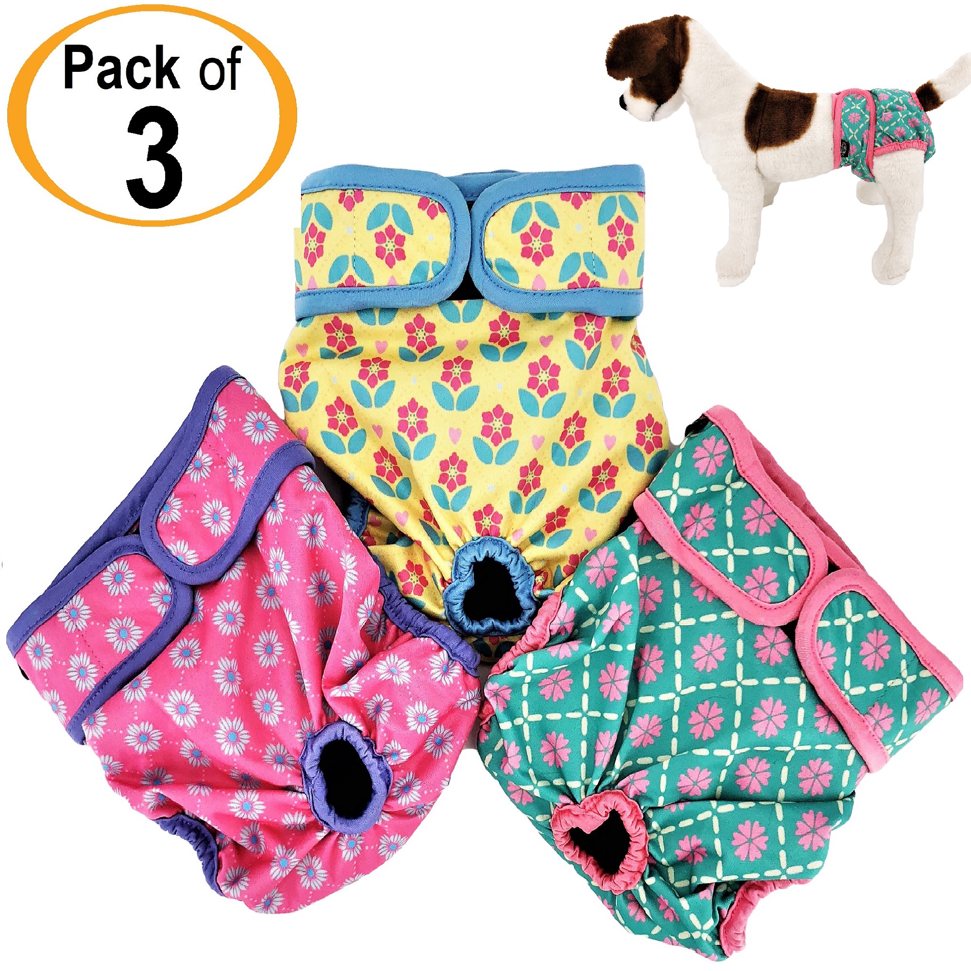 PACK of 3 Female Dog Diapers with 4 LAYERS of Absorbent Pads WATERPROOF Leak Proof Washable