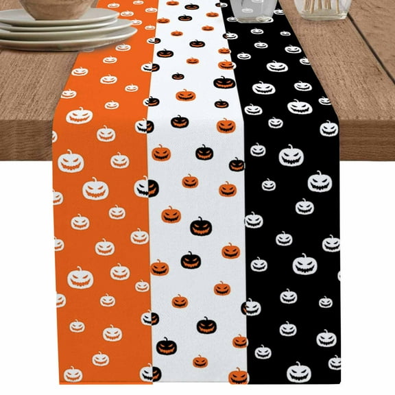 Halloween Table Runner 120 Inches Long for Dining Table Decor,Spooky Pumpkin Horror Orange White Black Burlap Linen Farmhouse Table Runner Coffee Table Runners Dresser Scarf for Kitchen Party Holiday