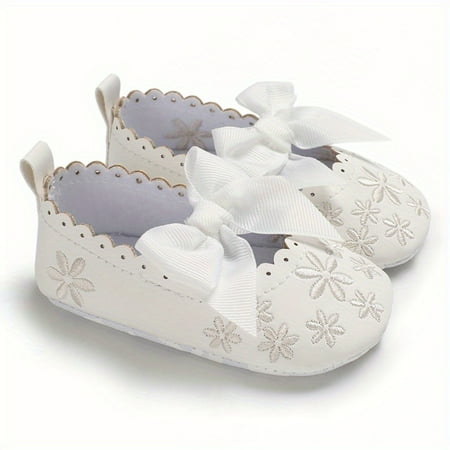 

Baby Girls Cute Mary Jane Shoes With Bow And Flower Embroidery Lightweight Flats Slip On Princess Shoes