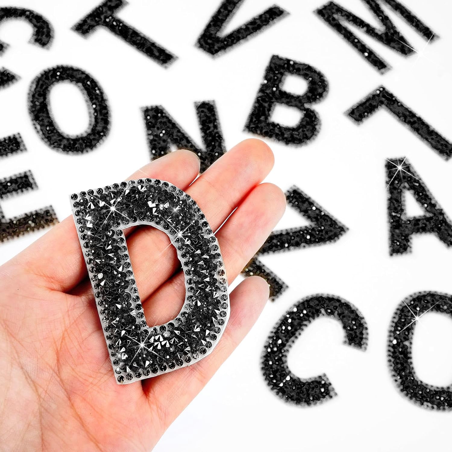 37 Pieces Rhinestone Letter Stickers Large Glitter Alphabet Crystal Number Self Adhesive Bling Stickers Iron on Letters for Art Crafts Clothing DIY Decors(Black,2.56 Inch)