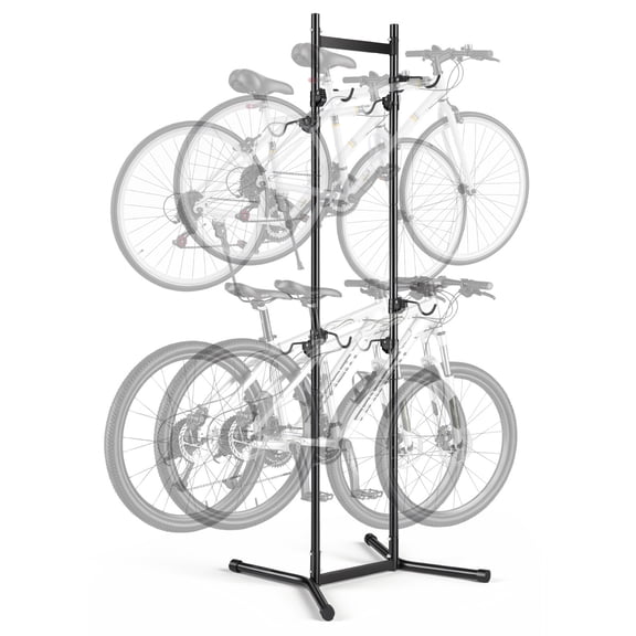 KFFKFF Freestanding Bike Rack for 4 Bicycles, Vertical Storage Stand with Adjustable Hooks, Durable Carbon Steel Construction, Perfect for Garage, Apartment, or Home Use, Black