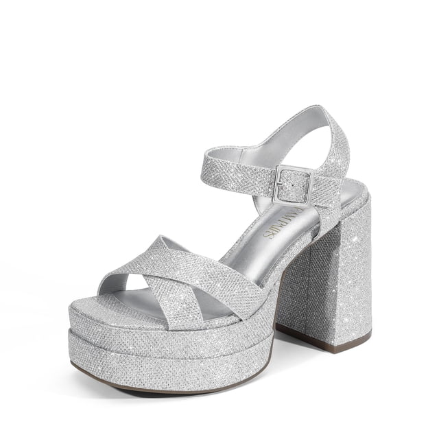 Sandalia DREAM PAIRS Y2K Plata con Brillo Plataforma y Tacones 9.5