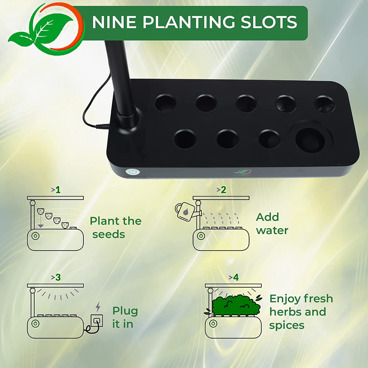 Erbngo Indoor Plant Growing System | Hydroponic Fresh Herb Garden Kit, Easy to Set Up, Extendable LED Full Spectrum Grow Lights for Plants and Photosynthesis, 9 Planting Slots, 3 Set-Up Steps, Black
