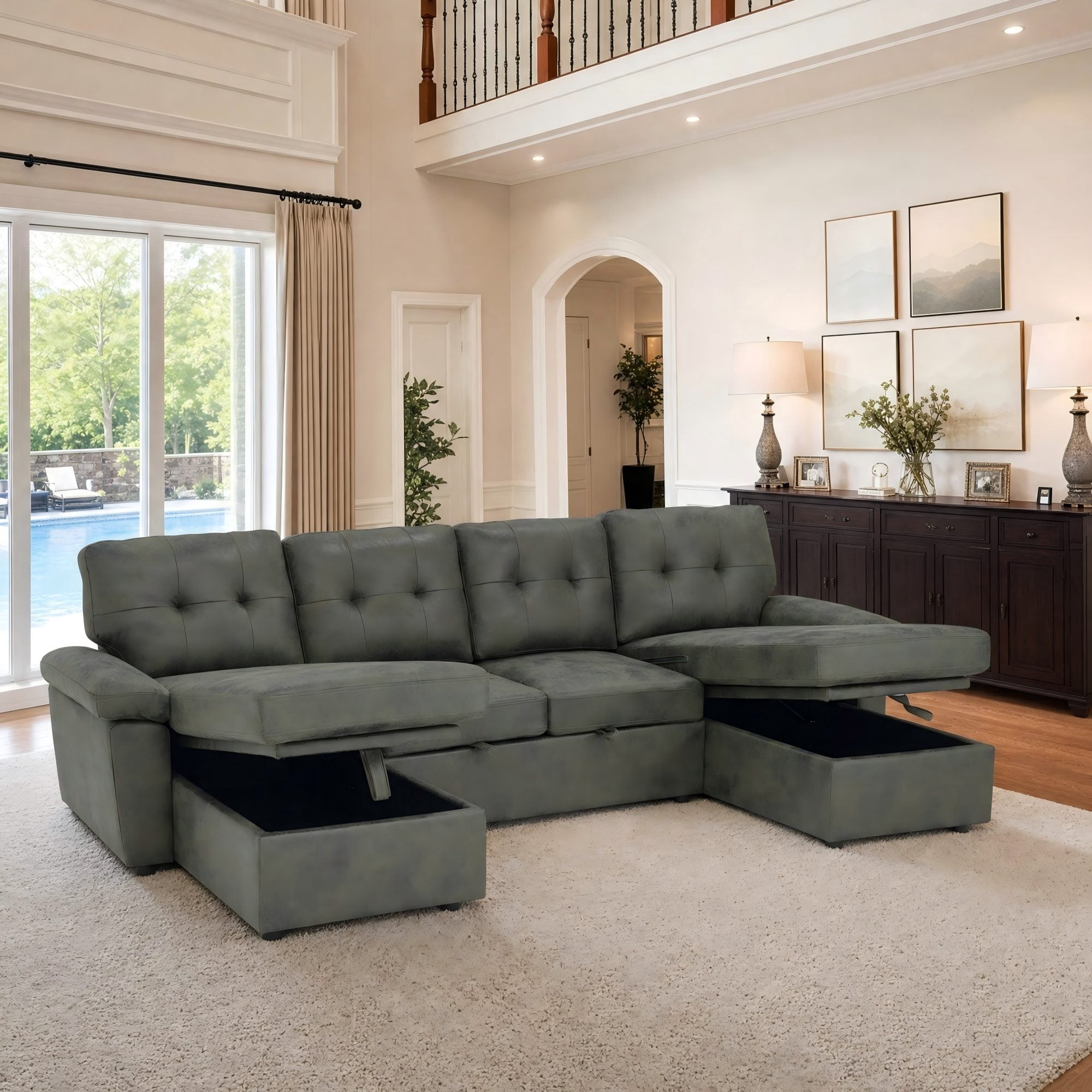 BSHTI 112" Polyester Fabric U-Shaped Sectional Sleeper Sofa Bed with Pull-Out Bed,Tufted Back Cushions and Storage Chaise for Living Room(Olive Green)