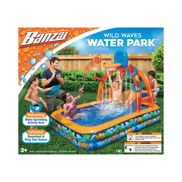 Banzai Wild Waves Water Park w/ Sprinkling Arch, Basketball hoop, & Ring Toss Game