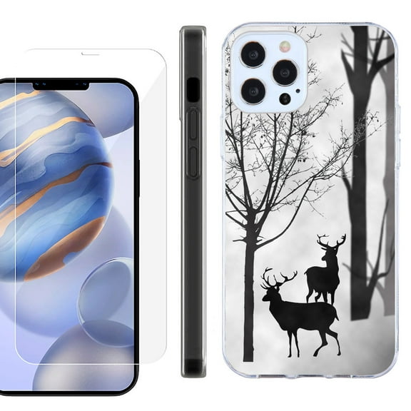 Slim Fit Protective Phone Case for Apple iPhone 12 / iPhone 12 Pro, with Tempered Glass Screen Protector, by OneToughShield ® - Forest Deer