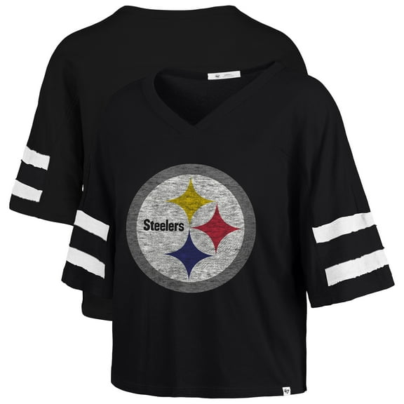 Women's '47 Black Pittsburgh Steelers Premier Scout Cropped V-Neck T-Shirt
