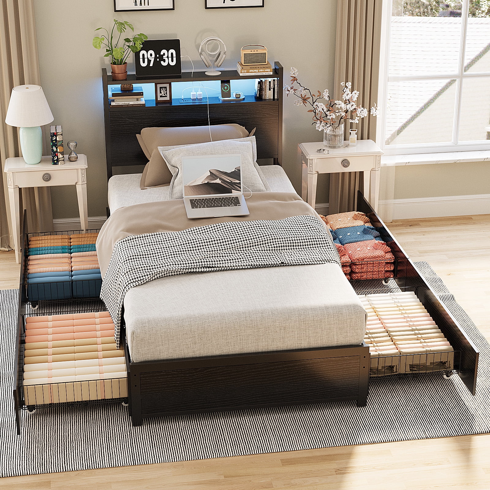 Zimtown Twin Bed Frame with 2-Tier Storage Headboard, Metal Platform Bed Frame with 4 Storage Drawers, Built in Charging Station & LED, Black