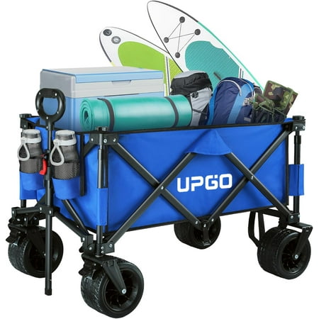 UPGO 200L Collapsible Foldable Wagon with 350lbs Weight Capacity  Heavy Duty Folding Utility Garden Cart with Big All-Terrain Beach Wheels & Drink Holders.Blue