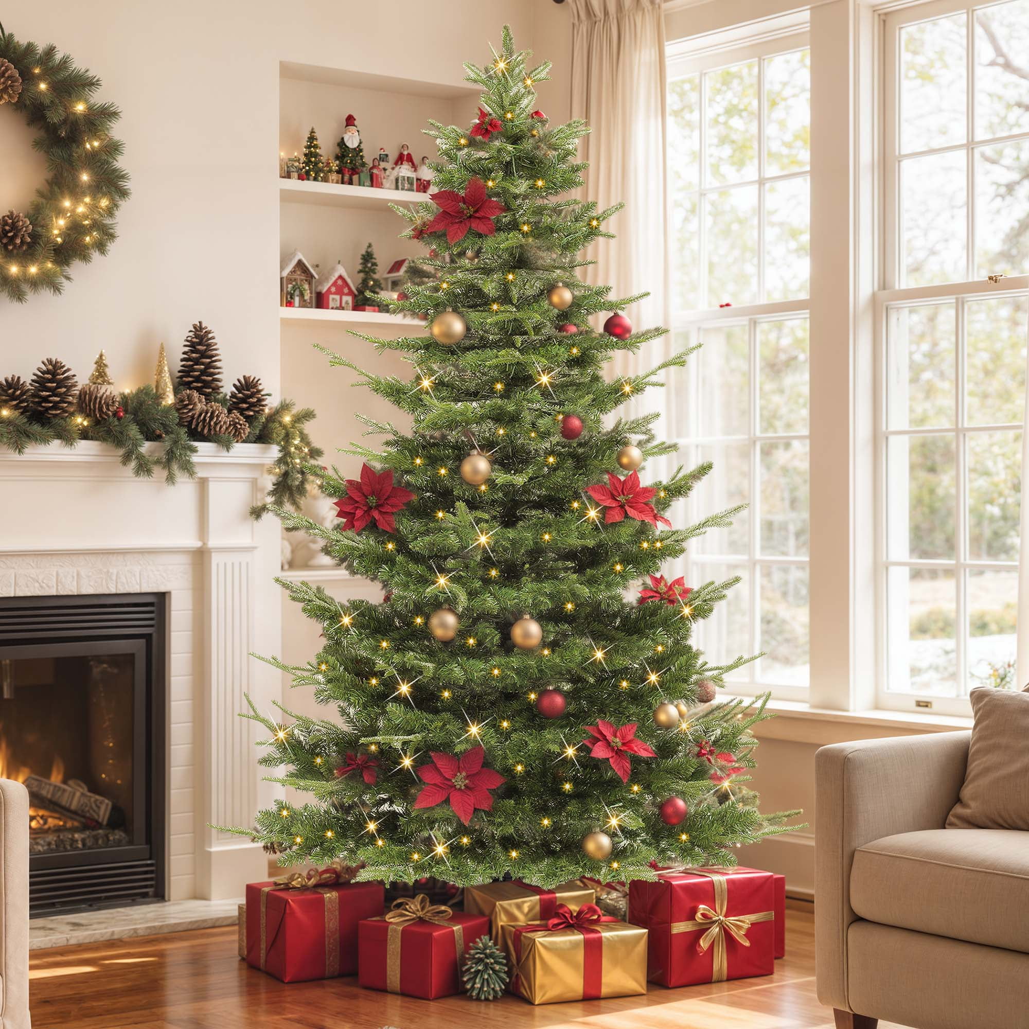 Uforic 7.5ft Pre-Lit Aspen Fir Artificial Christmas Tree with 1319 PE & PVC Branch Tips & 700 Lights,11 Light-Modes, Remote Control, Green