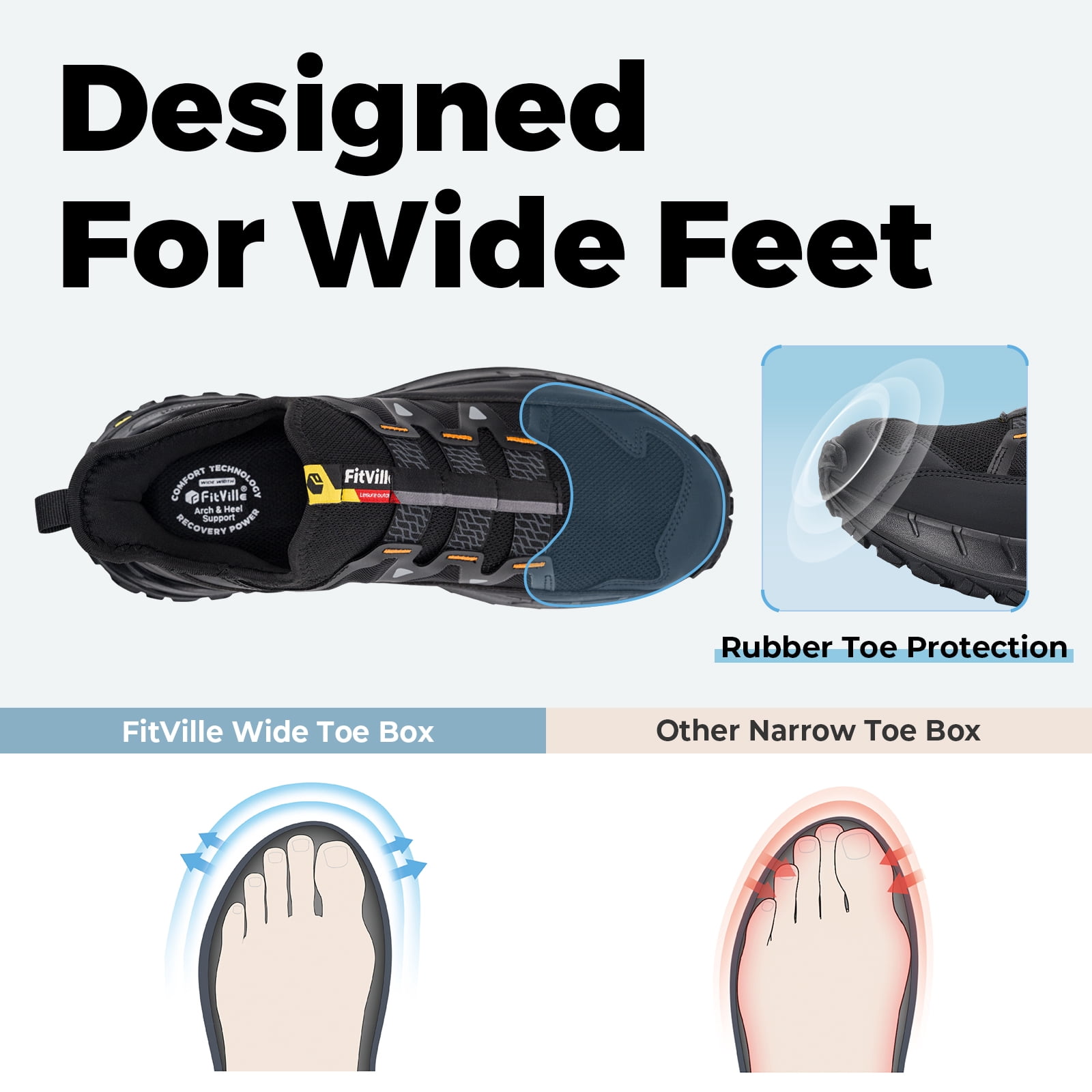 FitVille Wide Mens Sneakers Slip-on Shoes, Slip Resistant Hiking Walking Shoes with Arch Support & Wide Toe Box