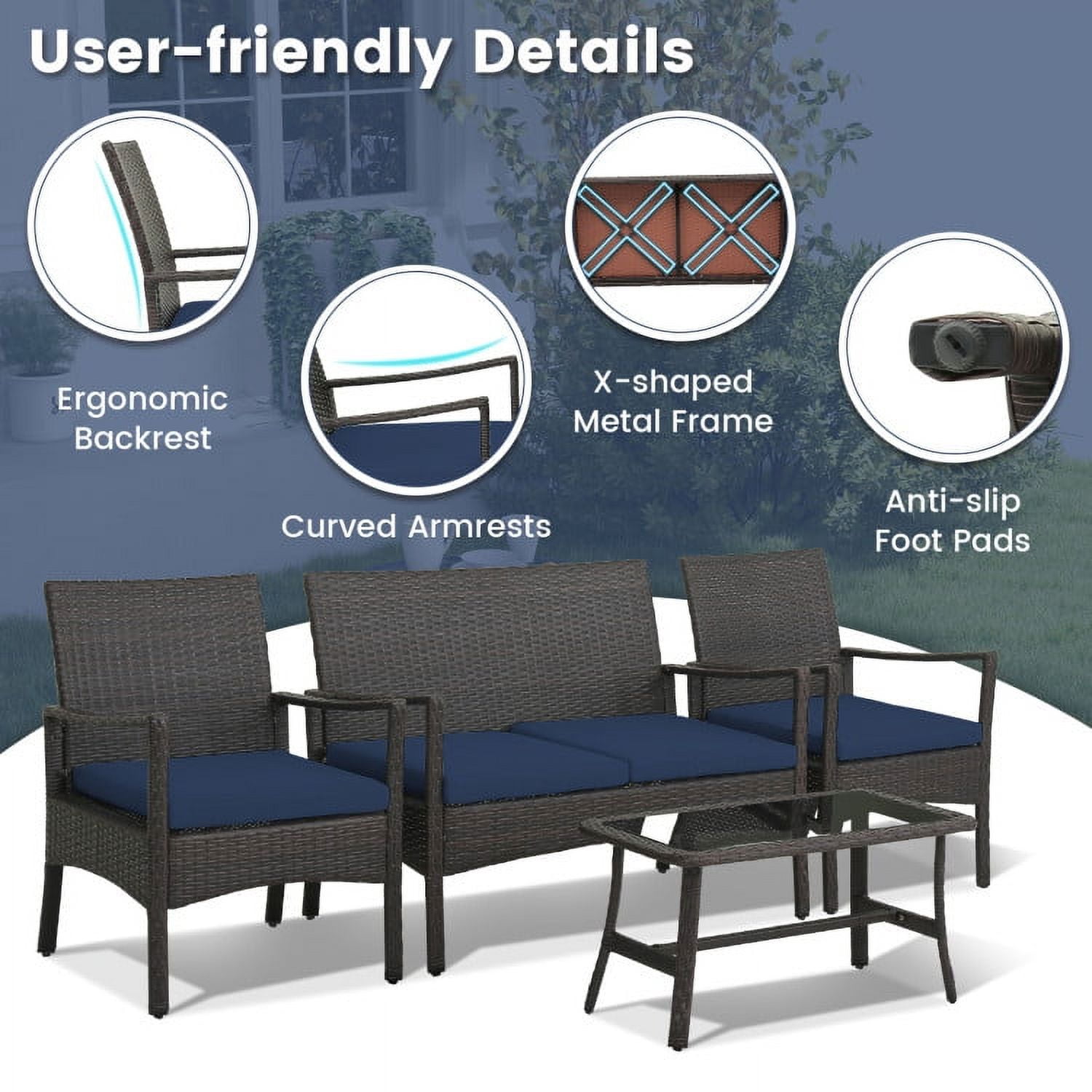 Aimee Lii 4 Pieces Rattan Conversation Set, Patio Table and Chairs Set, Outdoor Patio Set with Tempered Glass Coffee Table, Navy Aimee Lii 4 Pieces Rattan Conversation Set, Patio Table and Chairs Set, Outdoor Patio Set with Tempered Glass Coffee Table, Navy