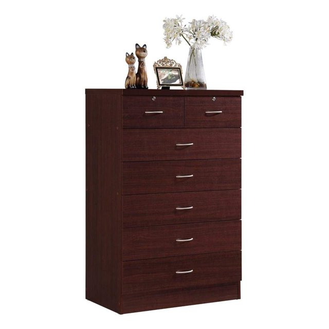 Hodedah Commode Jumbo en Bois à 7 Tiroirs avec 2 Verrous Supérieurs, Mahogany