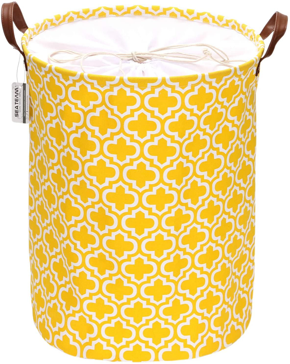 Sea Team Quatrefoil Pattern Laundry Hamper Canvas Fabric Laundry Basket Collapsible Storage Bin with PU Leather Handles and Drawstring Closure Aqua Waterproof Inner 19.7 by 15.7 inches 