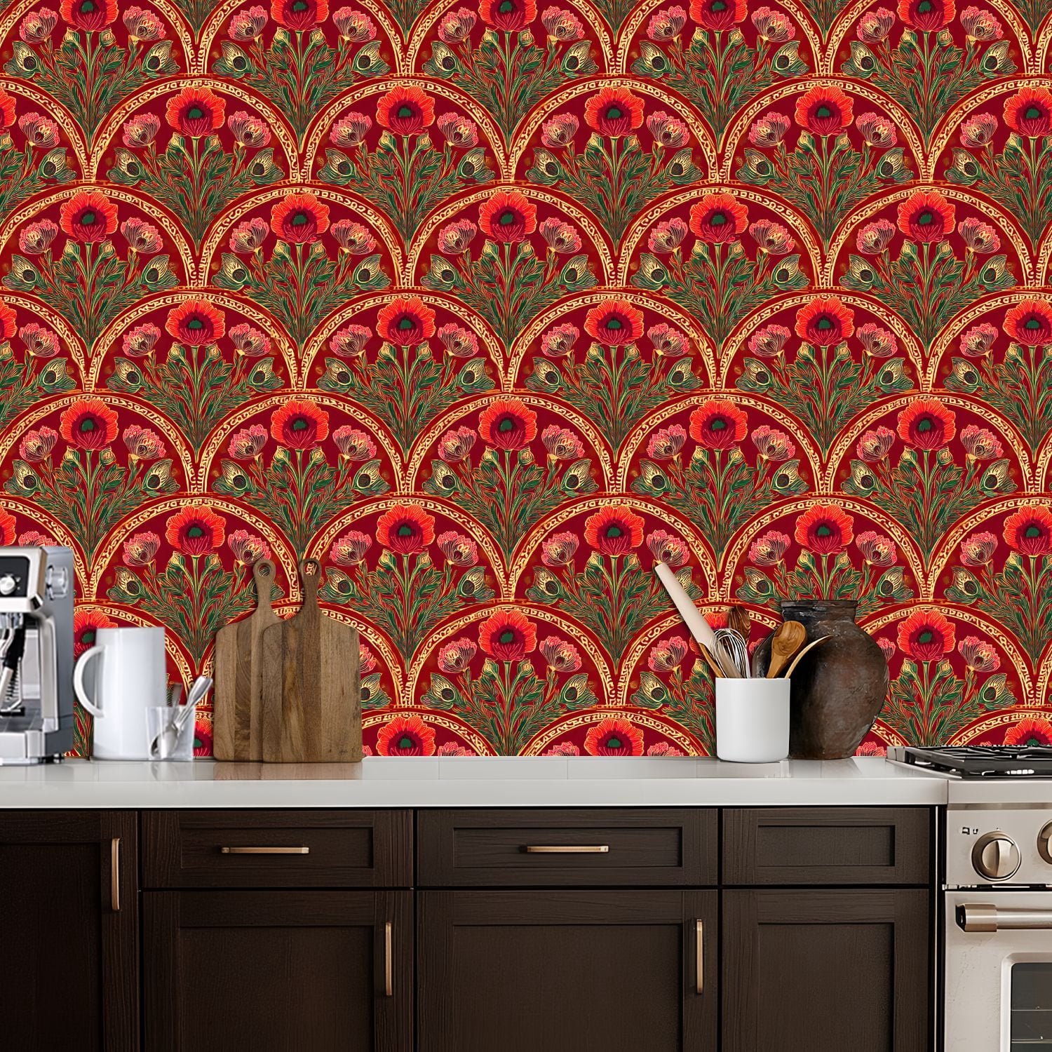 Peel and Stick Wallpaper Vibrant Floral Art Nouveau Rich Red Gold Accents Wall Mural 17.7in x 9.8ft Self Adhesive Removable Wall Paper Renter Friendly Wallpaper for Bedroom Livingroom Office