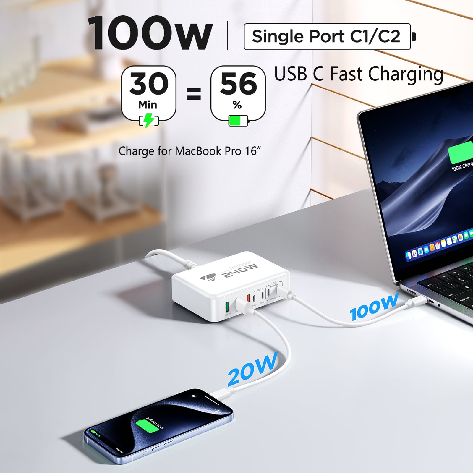 Aioneus 7-Port GaN USB C Charger Block 240W Fast Charging Station Power Adapter Compatible with Laptop Macbook iPhone iPad, White