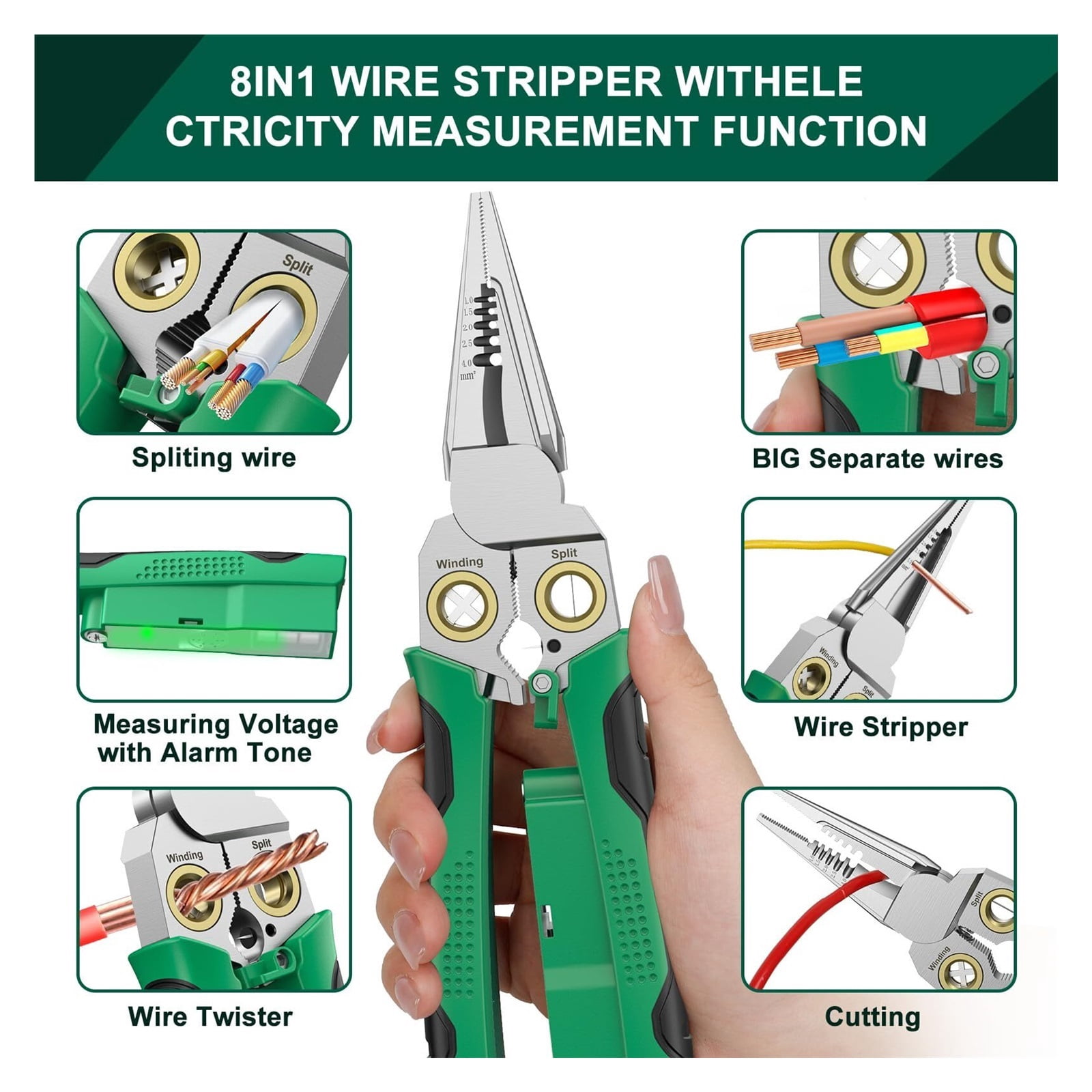 8-in-1 Wire Crimper Stripper with Voltage Detector & Dual Alarms - Heavy Duty 12-250V AC/DC Tester for Hot/Neutral Wires - Electrician, HVAC, Car Repair Tool