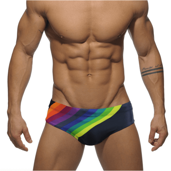 Men's Rainbow Striped Enhancing Swim Briefs Quick Dry Swimsuit Bathing Suit