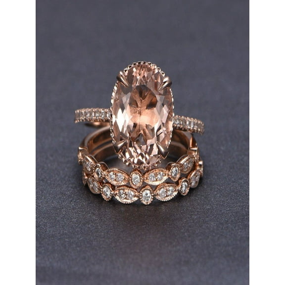 2 carat Morganite and Diamond Trio Ring Set in 10k Rose Gold with One Engagement Ring and 2 Wedding Bands