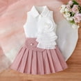 thumbnail image 2 of Girls 2 Piece Outfits Sleeveless Button Down Lapel Tank Shirt with Bow Pleated A-Line Skirts Cute Style Sets Pink 12-18 Months, 2 of 9