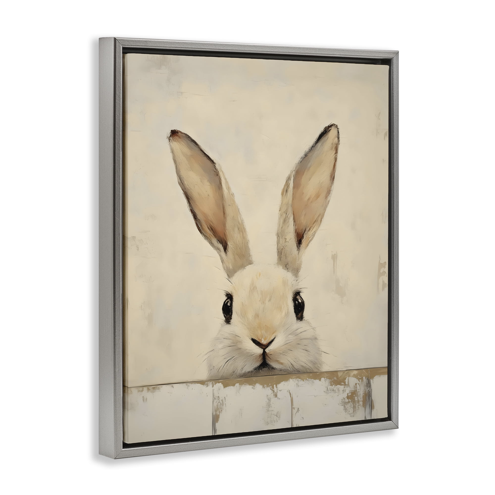 Stupell Industries Peeking Bunny in Soft Neutrals Gray Framed Floater Canvas Wall Art, design by LSR Design Studio