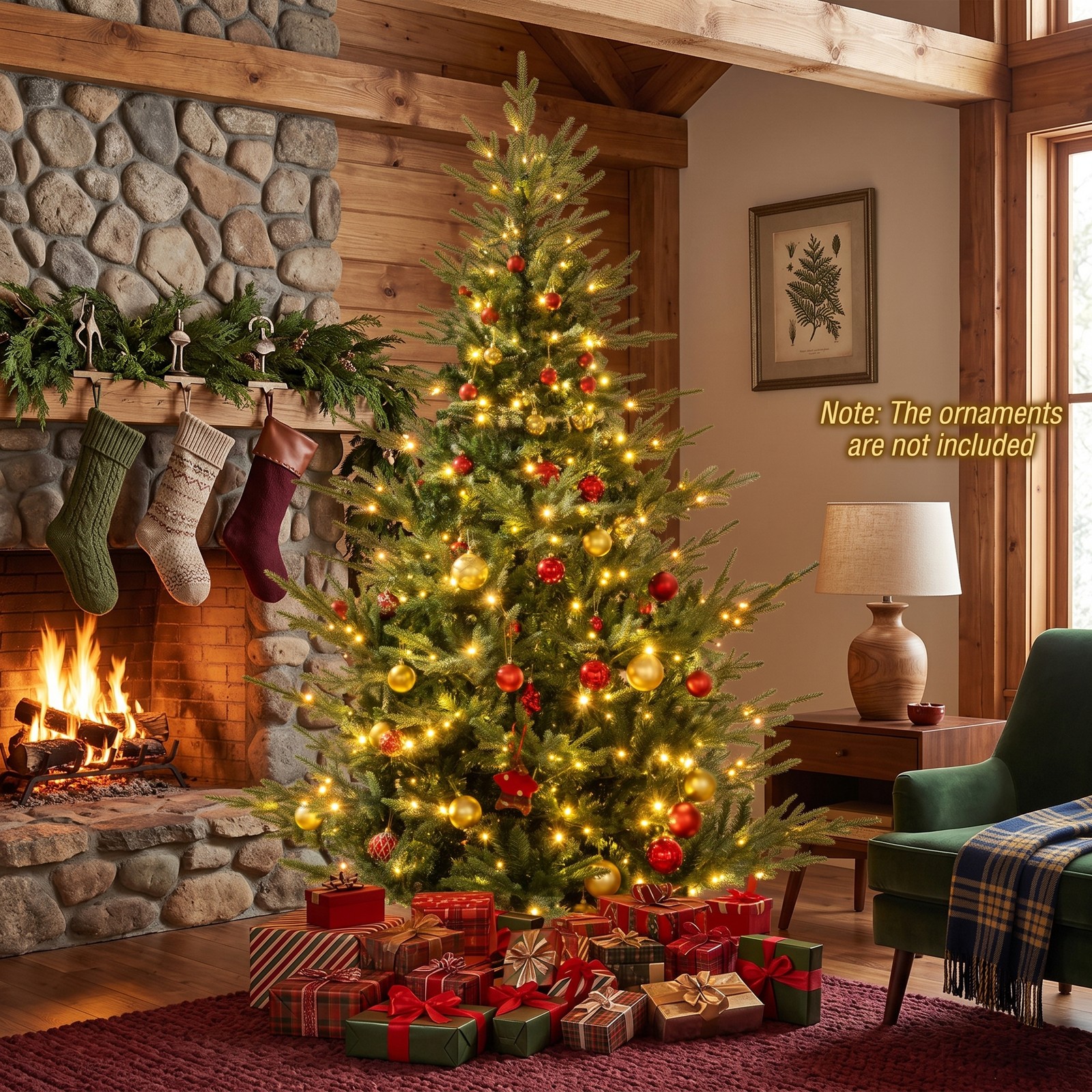 RUIE 7 FT Pre-Lit Artificial Christmas Tree with 350 Warm White LED Lights, 1102 Branch Tips, Hinged Full Spruce Xmas Tree with Metal Stand for Home Holiday, Green