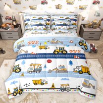 Homewish Cartoon Excavator Bulldozer 7-Piece Twin Bedding Sets,Construction Vehicles Bedding Comforter Set,Blue White Yellow Sheet Sets For Boys Kids,Super Cozy Room Decor Reversible