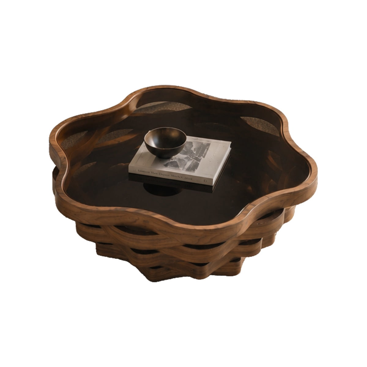 Hommoo Cloud-Shaped Coffee Table 35.8" with Tempered Glass Top & Wave MDF Base, Modern Art Deco Living Room Accent Table, Walnut