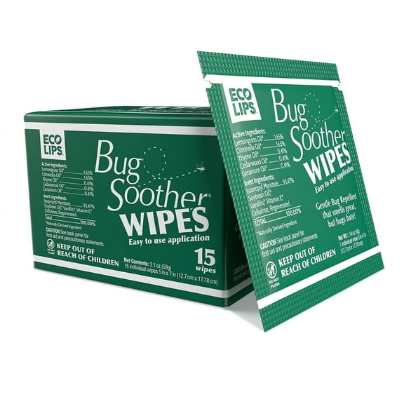 Bug Soother Natural Insect Repellent Wipes, Disposable Single-Use, DEET-Free, 15-Count