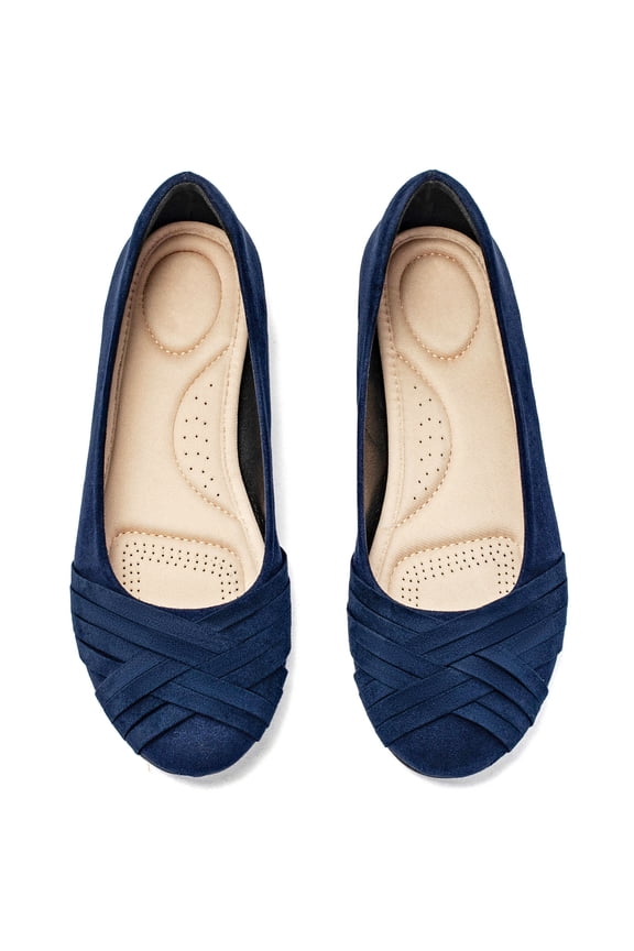 Women's Wide Width Flat Shoes, Classy Soft Round Toe Cross Line Design Ballet Flats.(2109002,BL/MF,9 Wide)