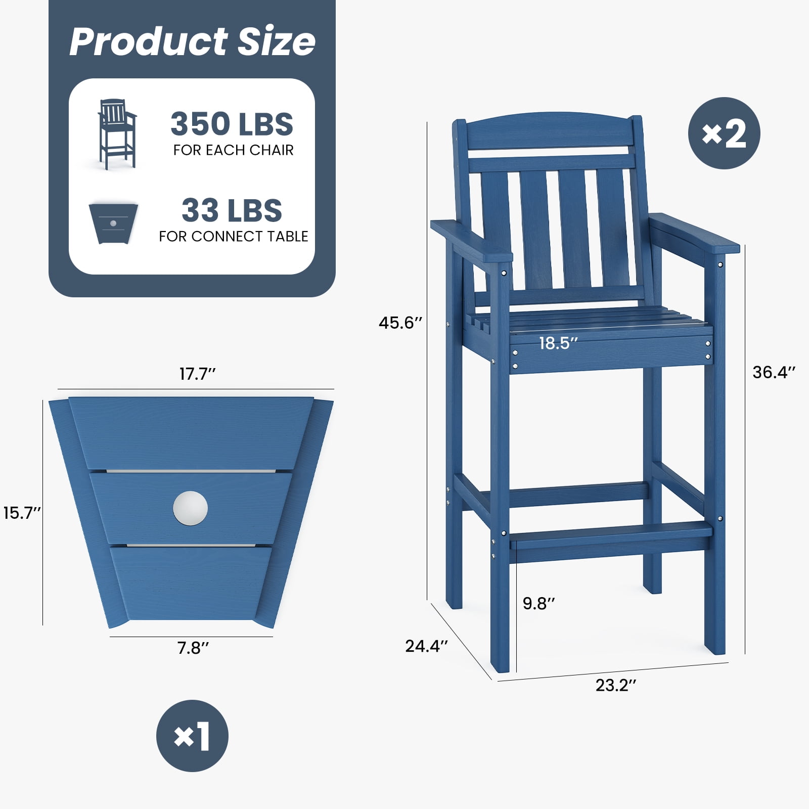 Tall Adirondack Chairs Set of 2, HDPE Bar Height Patio Bar Stools w/ Connecting Tray & Umbrella Hole, All-Weather Outdoor Seating for Poolside, Balcony, Backyard