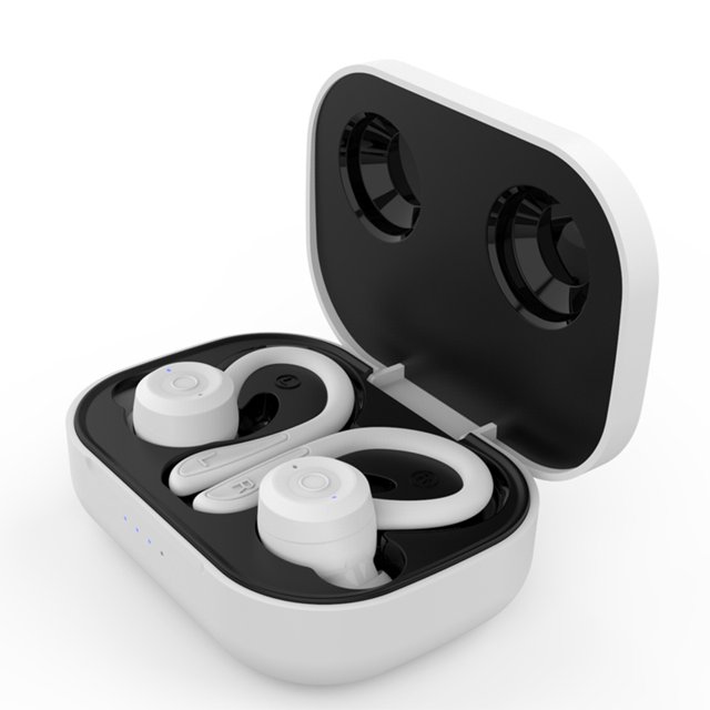 Moyic Auricular compatible con Bluetooth IPX5 resistente al agua portátil tipo c interfaz botón Control gancho para la oreja auricular música Cables de audio/vídeo Blanco